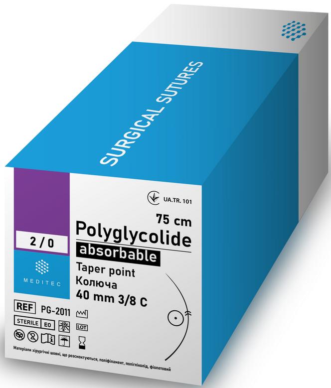Полігліколід. USP 1(М4), 70 см, голка ріжуча, 40 мм, 1/2 С. PG-01649е